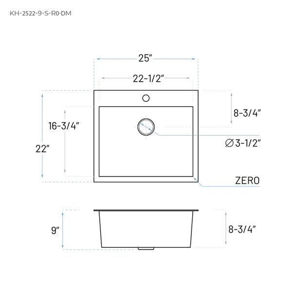 Allora USA - KH-2522-9-S-R0-DM Dual-Mount Stainless Steel Single Bowl Kitchen Sink