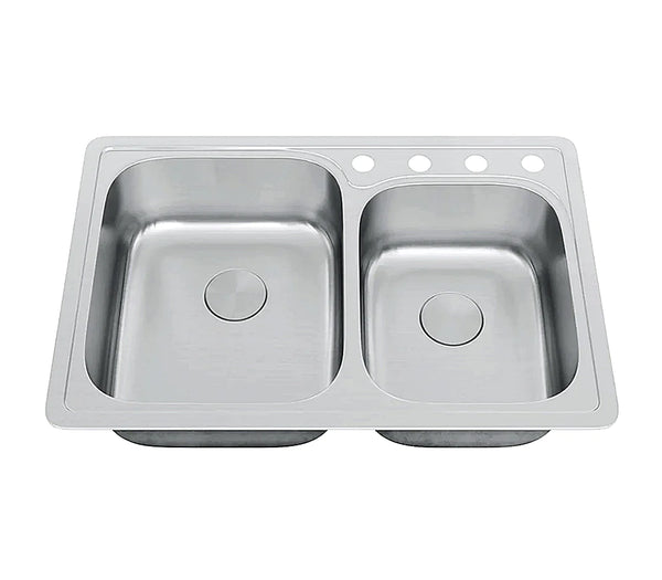 Allora USA - TOP-3322-9-D Top Mount Offset Double Bowl Kitchen Sink