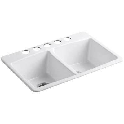 Kohler Brookfield Undermount Cast-Iron 33 in. 5-Hole Double Bowl Kitchen Sink in White - KralSu Sink and Faucet Supplies
