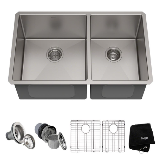 KRAUS Standart PRO 33in. 16 Gauge Undermount 60/40 Double Bowl Stainless Steel Kitchen Sink