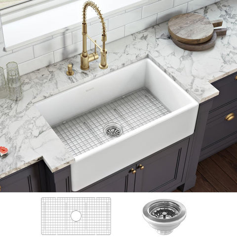 RUVATI Farmhouse Apron-Front Fireclay 33 in. x 20 in. Reversible Single Bowl Kitchen Sink in White