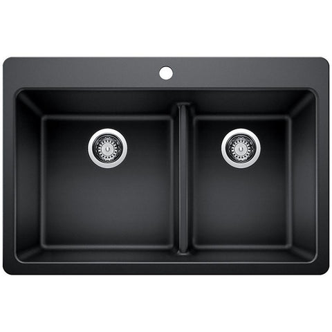 Glacier Bay Drop-in/Undermount Granite Composite 33 in. 1-Hole 60/40 Double Bowl Kitchen Sink with Low Divide in Black