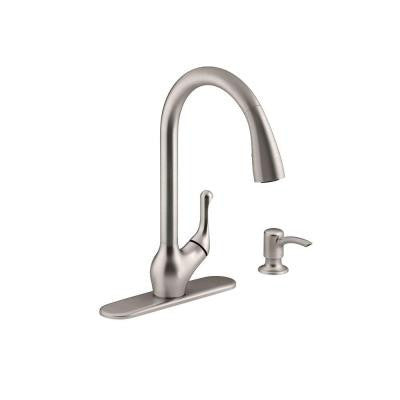Kohler Barossa Single-Handle Pull-Down Kitchen Faucet in Vibrant Stainless with Soap/Lotion Dispenser and DockNetik - KralSu Sink and Faucet Supplies