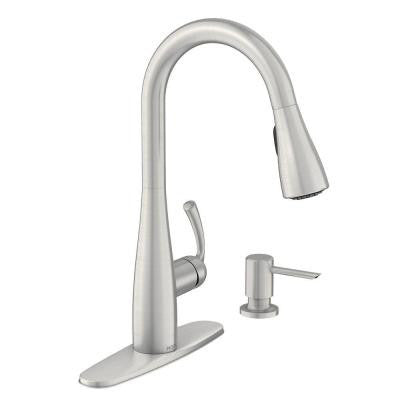 Moen Essie Single-Handle Pull-Down Sprayer Kitchen Faucet with Soap Dispenser in Spot Resist Stainless - KralSu Sink and Faucet Supplies