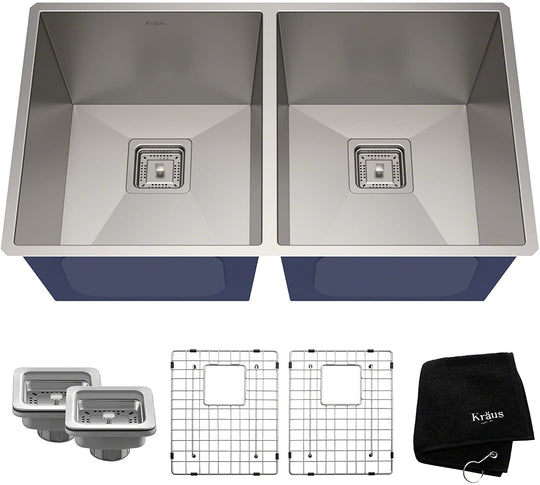 KRAUS Pax Zero-Radius 31.5" x 18.5" x 10" 16 Gauge Undermount 50/50 Double Bowl Stainless Steel Kitchen Sink