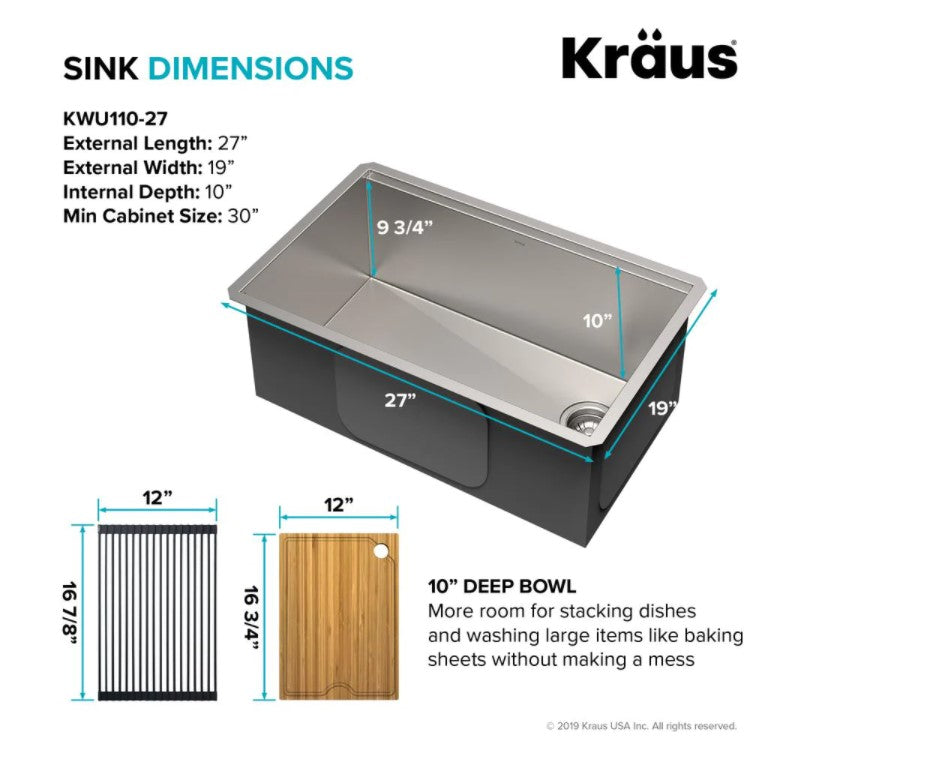 KRAUS Kore(TM) Workstation 27-inch Undermount 16 Gauge Single Bowl  Stainless Steel Kitchen Sink with Accessories (Pack of 5) WasteGuard(T並行輸入  人気トレンド